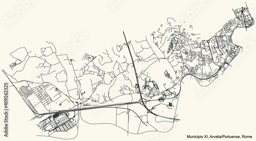 Black simple detailed street roads map on vintage beige background of the neighbourhood Municipio XI – Arvalia/Portuense municipality of Rome, Italy