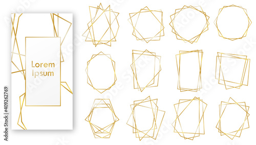 Gold Geometric Wedding Invitation frames. Geometrical polyhedron, art deco style for wedding invitation