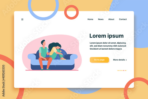 Boyfriend holding shoulder and consoling sad woman. Sofa, family, support flat vector illustration. Depression and melancholy concept for banner, website design or landing web page