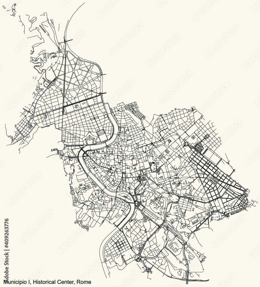 Fototapeta premium Black simple detailed street roads map on vintage beige background of the neighbourhood Municipio I – Historical Center municipality of Rome, Italy