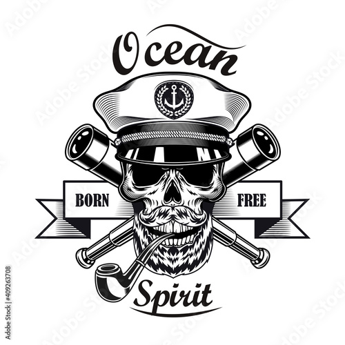 Ship captain emblem design. Monochrome element with skull with smoking pipe in cap crossed bones vector illustration with text. Sailing or navigating concept for labels and badges templates