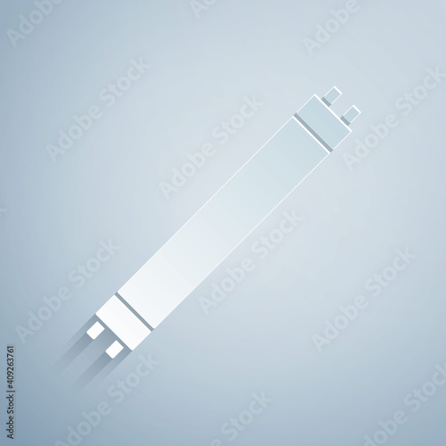 Paper cut Long luminescence fluorescent energy saving lamp icon isolated on grey background. Paper art style. Vector.
