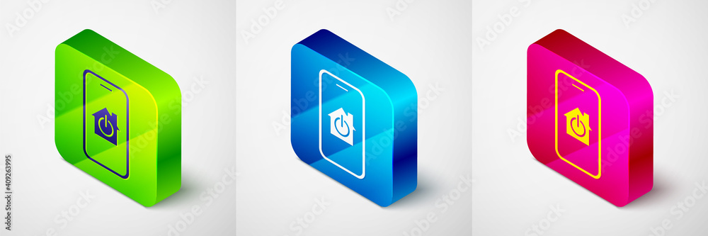 Isometric Mobile phone with smart home icon isolated on grey background. Remote control. Square button. Vector. Isometric Mobile phone with smart home icon isolated on grey background. Remote control. Square button. Vector.