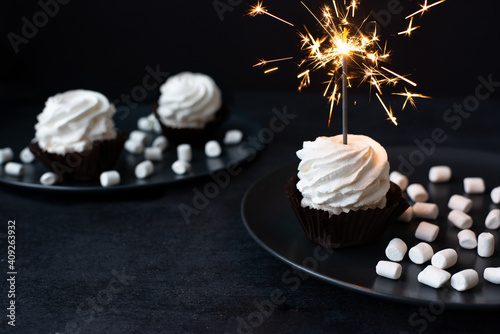 Tasty cake with a sparkler and marshmallow for celebration