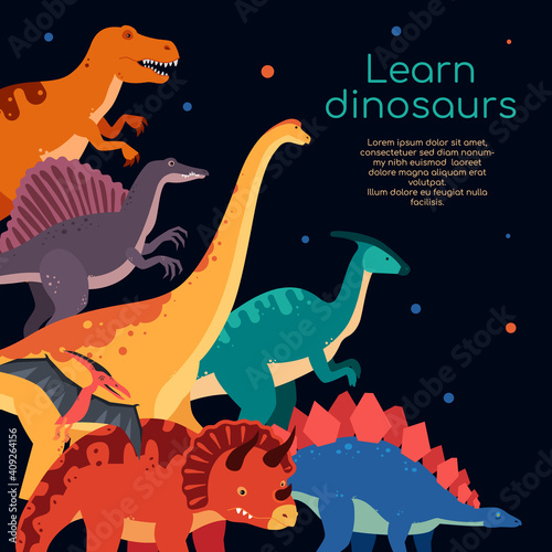Learn dinosaurs - colorful flat design style banner