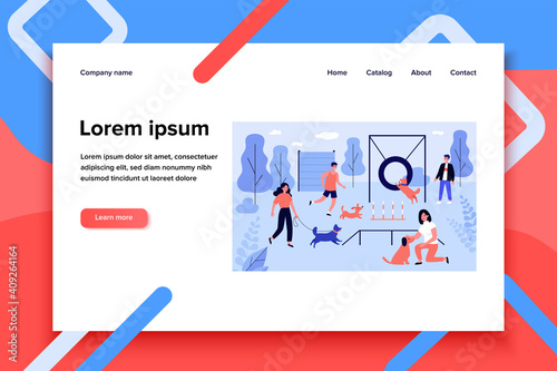 Happy people with dogs at city park flat vector illustration. Cartoon pets jumping, running, walking, playing, training at dog area. Animals and activity concept