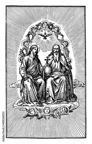 God or lord and Jesus Christ are sitting together on throne in kingdom of heaven as kings. Holy spirit above them.Antique vintage christian religious engraving or drawing illustration.