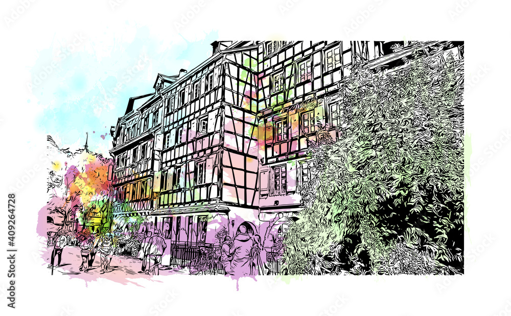 Building view with landmark of Colmar is the
city in France. Watercolor splash with hand drawn sketch illustration in vector.