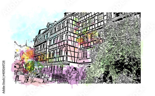 Building view with landmark of Colmar is the
city in France. Watercolor splash with hand drawn sketch illustration in vector.