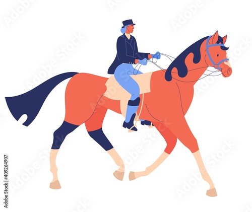 Equestrian dressage woman concept illustration. Sport cartoon scene with horse and girl isolated on white