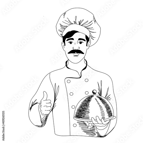 The chef of the restaurant holds a cooked dish in his hand, the chef in work uniform shows gestures with his fingers - thumbs up, vector illustration in doodle style, hand draw.