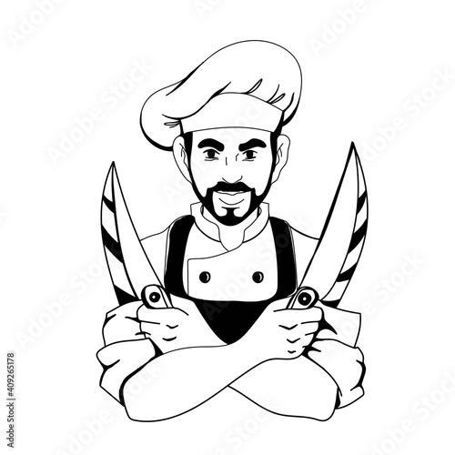 Restaurant chef, chef in work uniform shows finger gestures - delicious, vector illustration in doodle style, hand draw.