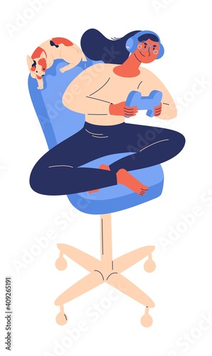 Young woman playing with controller sitting on chair. E-games concept character in headphones with cat isolated on white
