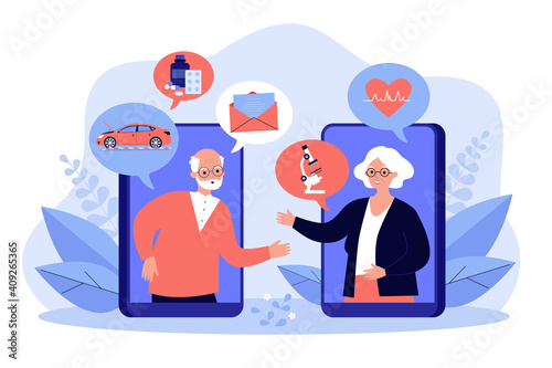 Old couple chatting online, discussing news and health. Elder aged man and woman talking through video call. Vector illustration for distance communication, family relationship concept