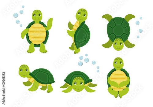 Turtle happy animal, tortoise cute and cheerful. Vector illustration. Cartoon vector turtle in various action poses