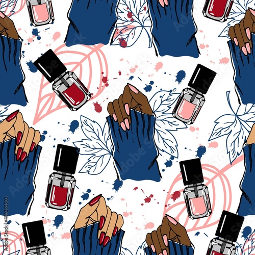 Seamless pattern of female hands with manicure, nail and hand care, beautiful pens, nail polish, vector illustration in doodle style, hand draw.