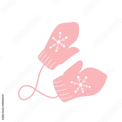 Pair of pink cute gloves, solid gloves with one finger, winter clothes, warm accessory, vector illustration in doodle style, hand draw.
