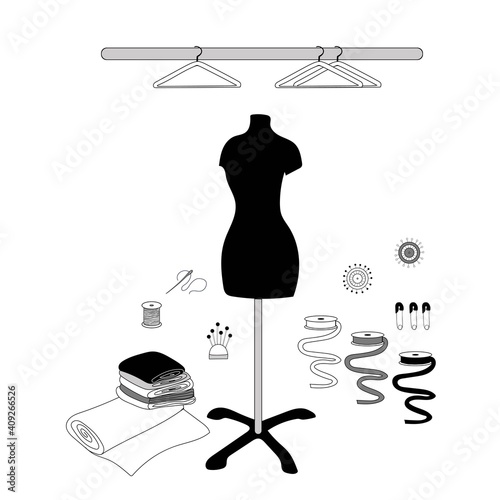 Set of tools for seamstresses, mannequin scrolls of fabric and a set of hangers, pins and pins, colored ribbons for sewing, vector image in doodle style, hand draw, isolate on a white background.