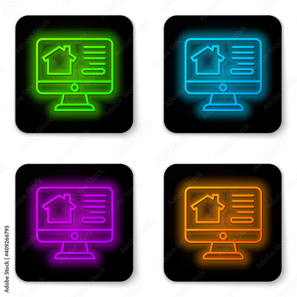 Glowing neon line Online real estate house on monitor icon isolated on white background. Home loan concept, rent, buy, buying a property. Black square button. Vector. Glowing neon line Online real estate house on monitor icon isolated on white background. Home loan concept, rent, buy, buying a property. Black square button. Vector.