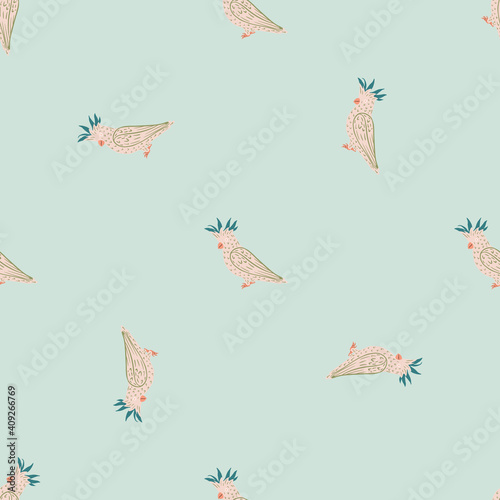 Minimalistic seamless exotic bird pattern with hand drawn cockatoo parrot shapes. Blue pastel background.