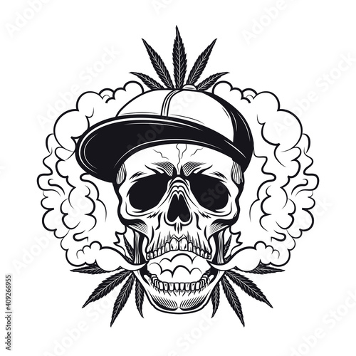Hashish smoker symbol design. Monochrome element with skull in cap, cannabis leaf, smoke cloud vector illustration with text on ribbon. Marijuana concept for emblems and tattoo templates