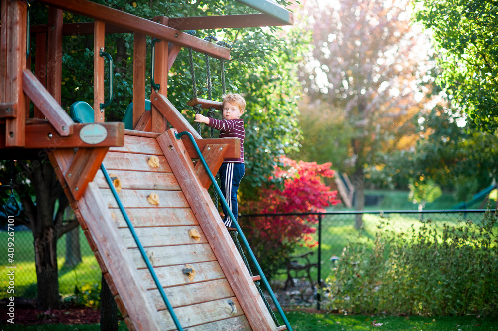 Boy 3-4 years old climbs up ladder on swing set in backyard in Autumn Boy 3-4 years old climbs up ladder on swing set in backyard in Autumn