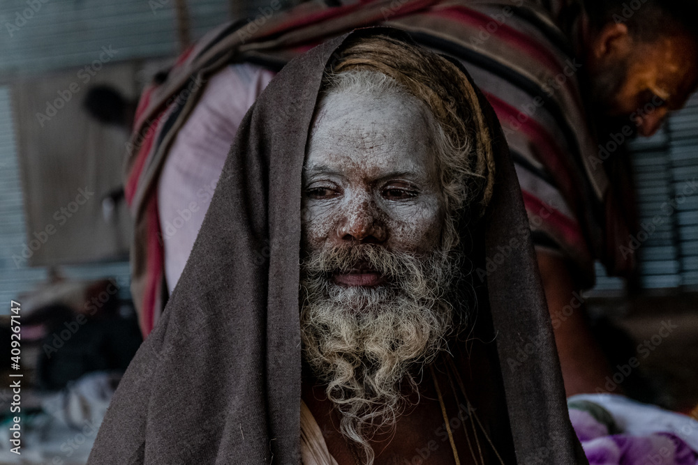 Indian Monk (Naga Sadhu baba) at Holy Ardh Kumbh Mela, in Allahabad (Prayagraj), Uttar Pradesh, India Kumbh Mela happens after 6 year of Maha Kumbh Mela.