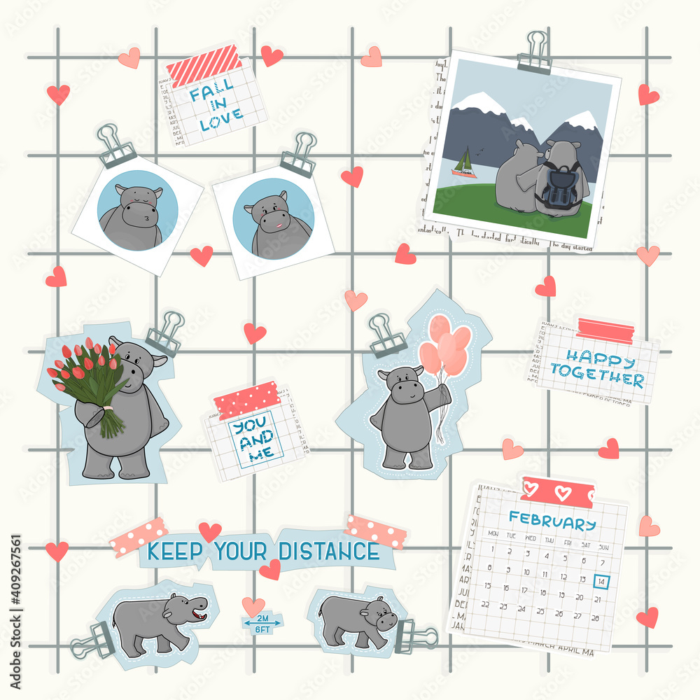 Mood board on white wall with photos and blue paper binder. Set of hippos in different situations on cut paper. Avatars, tulips, balloons, traveling pick, text messages, calendar of February 2021