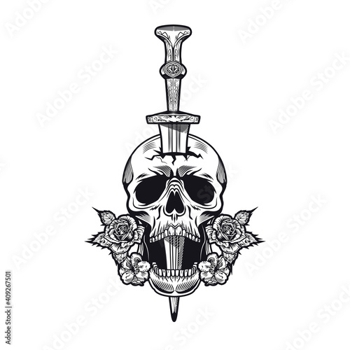 Dagger and roses tattoo design. Monochrome element with flowers, skull pierced with retro knife vector illustration in vintage style. Blade weapon concept for symbols or emblems templates