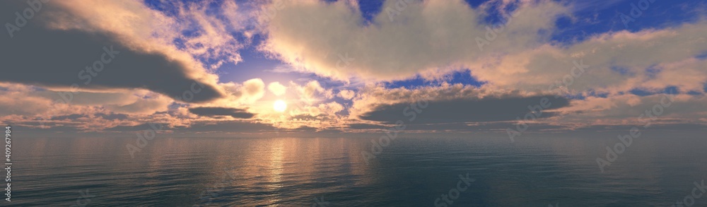 Beautiful sunset in the ocean, sea sunset, sunrise over the water, sun in clouds over the sea, 3D rendering