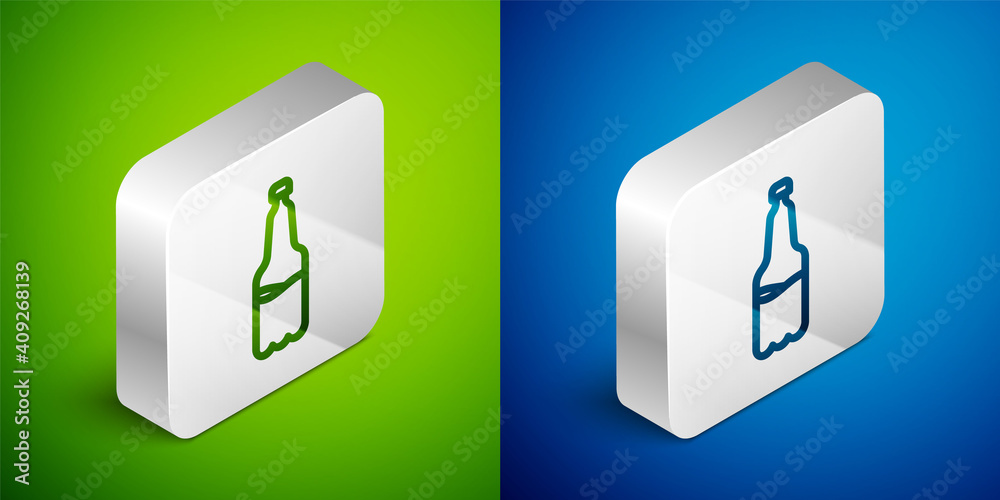 Isometric line Plastic beer bottle icon isolated on green and blue background. Silver square button. Vector. Isometric line Plastic beer bottle icon isolated on green and blue background. Silver square button. Vector.