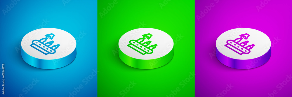 Isometric line Brewery factory production line pouring alcoholic drink in glass bottles icon isolated on blue,green and purple background. White circle button. Vector. Isometric line Brewery factory production line pouring alcoholic drink in glass bottles icon isolated on blue,green and purple background. White circle button. Vector.
