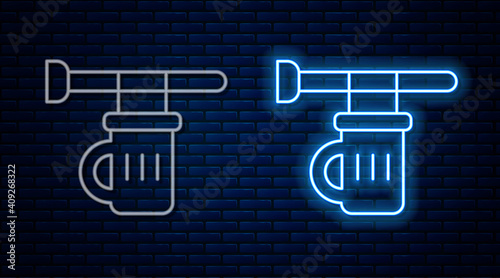 Glowing neon line Street signboard with glass of beer icon isolated on brick wall background. Suitable for advertisements bar, cafe, pub, restaurant. Vector.