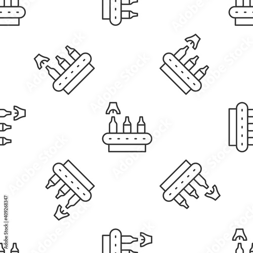 Grey line Brewery factory production line pouring alcoholic drink in glass bottles icon isolated seamless pattern on white background. Vector.