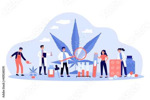 Scientists studying drugs with cannabis. Pharmacists making meds with hemp, using weed for pharmaceuticals production. Vector illustration for pharmacy, natural drug preparation concept