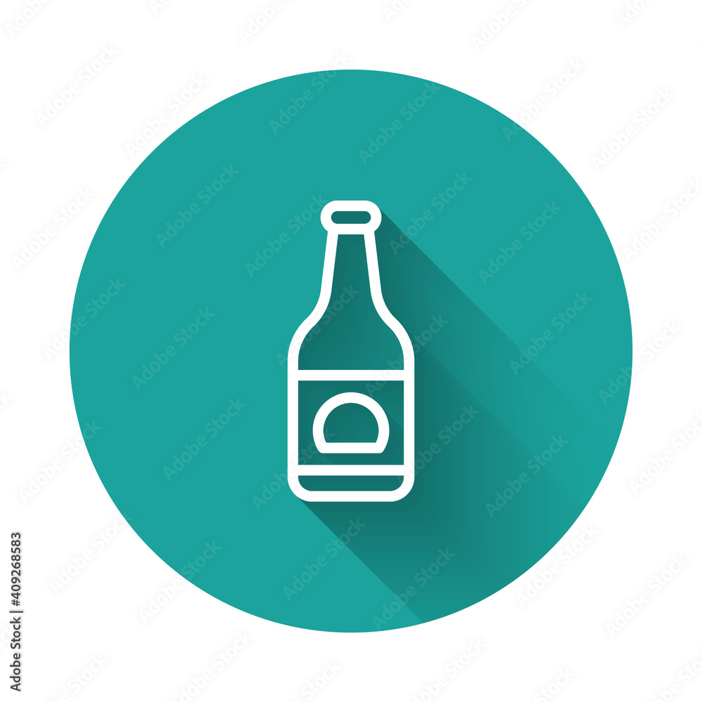 White line Beer bottle icon isolated with long shadow background. Green circle button. Vector. White line Beer bottle icon isolated with long shadow background. Green circle button. Vector.