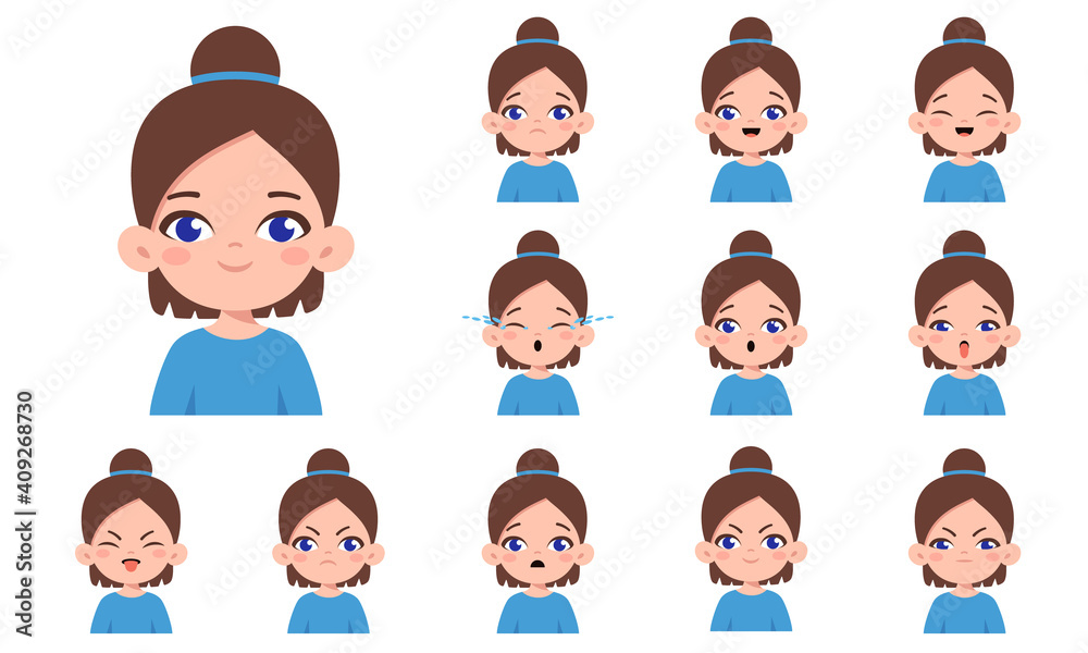 Set of cute caucasian brown-haired girl with different facial expressions. Girl emotions face collection. Cartoon character design. Happy, sad, angry, surprised. Vector isolated on white background Set of cute caucasian brown-haired girl with different facial expressions. Girl emotions face collection. Cartoon character design. Happy, sad, angry, surprised. Vector isolated on white background