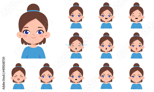 Set of cute caucasian brown-haired girl with different facial expressions. Girl emotions face collection. Cartoon character design. Happy, sad, angry, surprised. Vector isolated on white background