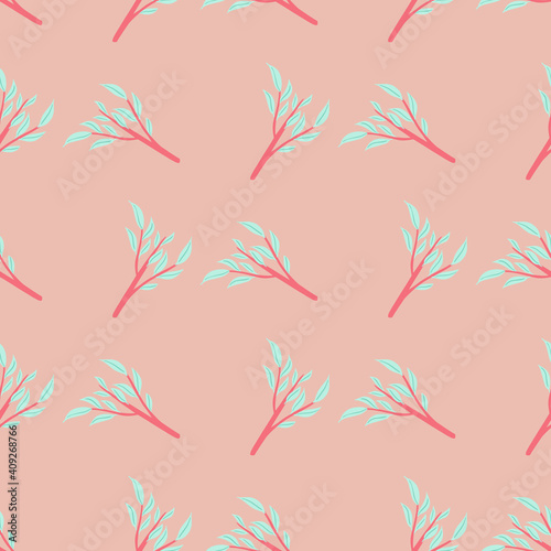 Seamless geometric pattern with doodle leaf branches ornament. Pink background. Hand drawn print.