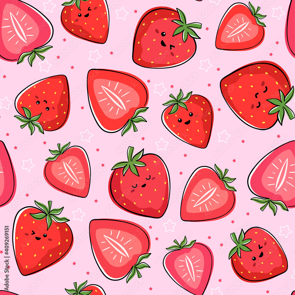 Seamless pattern with kawaii fruits. Cheerful design for kids clothes