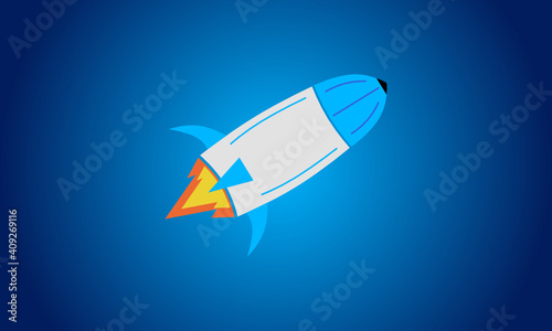 Eine fliegende blau wei  e Rakete mit Feuerschweif vor radialen blauen Hintergrund mit Farbverlauf