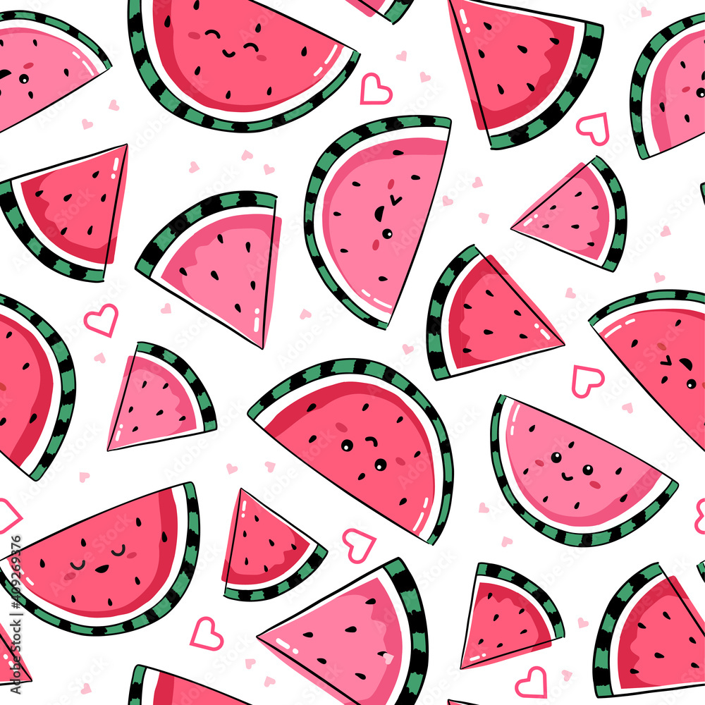 Seamless pattern with kawaii fruits. Cheerful design for kids products with watermelon smiling characters on white background. Seamless pattern with kawaii fruits. Cheerful design for kids products with watermelon smiling characters on white background.