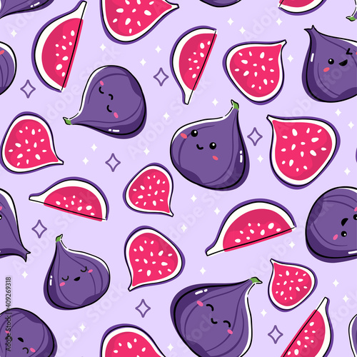 Seamless pattern with kawaii fruits. Cheerful design for kids clothes with cute fig character and sliced figs.