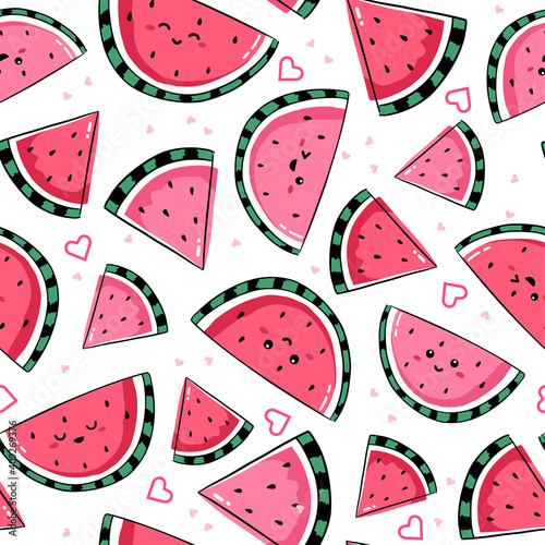 Seamless pattern with kawaii fruits. Cheerful design for kids products with watermelon smiling characters on white background.