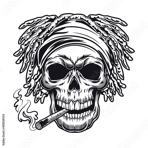 Rastaman symbol design. Monochrome element with skull with dreads and joint vector illustration with text on ribbon. Smoking marijuana concept for emblems and tattoo templates