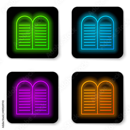 Glowing neon line The commandments icon isolated on white background. Gods law concept. Black square button. Vector.
