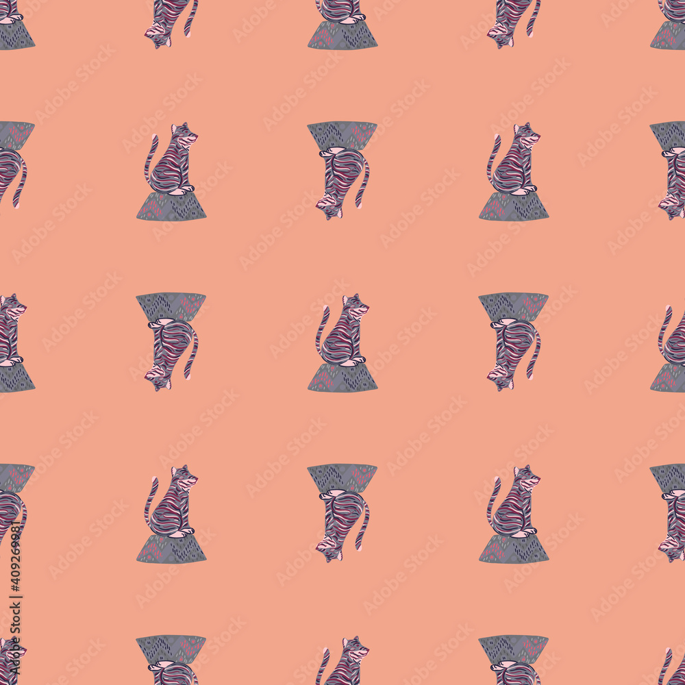 Decorative cartoon seamless pattern in kids style with simple tigers print. Pink pale background.