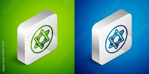 Isometric line Star of David icon isolated on green and blue background. Jewish religion symbol. Symbol of Israel. Silver square button. Vector.