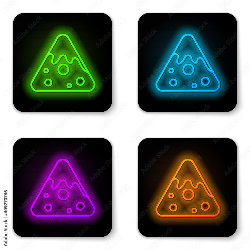 Glowing neon line Nachos icon isolated on white background. Tortilla chips or nachos tortillas. Traditional mexican fast food. Black square button. Vector.