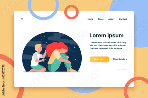 Boy trying to help sad woman. Grief, kid, night flat vector illustration. Depression and melancholy concept for banner, website design or landing web page